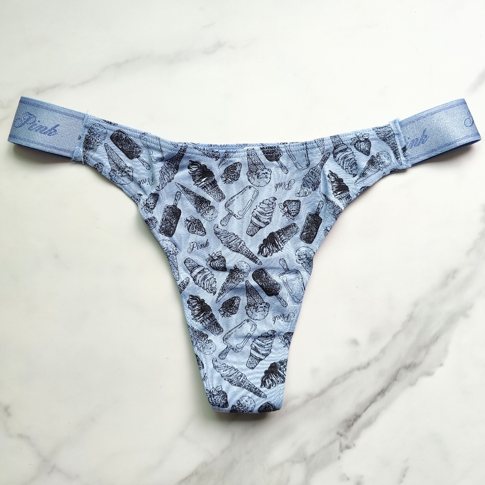 NWT PINK VICTORIA'S SECRET LOGO COTTON HIGH-LEG SMOOTH THONG PANTY IN HARBOR BLU